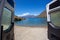 Lake view from campervan. Caravan traveling concept