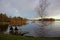 Lake view, clean smooth water, wooden pier for swimming