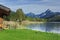 Lake Weissensee with wooden hut and duck