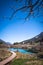 Lake Zelenci with observation trail footbridge in nature reserve Slovenia