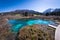 Lake Zelenci with observation trail and ponce mountains in Slovenia