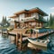 Lakehouse Wilderness Fishing Log Chalet Home Exterior Wooden House Construction AI Generated