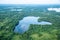 Lakes, forests, wilderness, nature in summer at sunset, aerial view with reflections of the sky