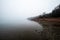 Lakeshore view on a foggy winter day - fog, frost and snow cover the lakeside of the famous lake â€žChiemseeâ€œ in Bavaria