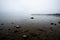 Lakeshore view on a foggy winter day - fog, frost and snow cover the lakeside of the famous lake â€žChiemseeâ€œ in Bavaria,