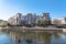 Lakeside apartment building complex with blue sky in America