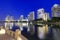 Lakeside buildings at night