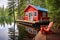 lakeside cabin with a red canoe at its dock