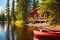 lakeside cabin with a red canoe at its dock