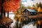 lakeside cabin surrounded by autumn foliage
