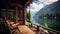 A lakeside cabin with a wooden porch overlooking a serene mountain lake.