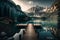 Lakeside Dock with Majestic Mountain Backdrop A Serene Landscape. AI