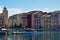 Lakeside front view of the Italian Portofino Bay Hotel. Travel Postcard.