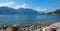 Lakeside garda lake, view to old town malcesine and mountains