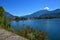 Lakeside gardasee with oleander bushes and mountain view, Rivat tourist destination