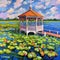 Lakeside gazebo surrounded by water lilies., Painting
