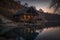 Lakeside Haven: Escape to a Rustic and Serene Wooden Cabin at Sunset by the Water, ai generative