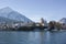 Lakeside homes seen from a cruise boat at Lake Thun, Switzerland, Europe