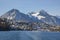 Lakeside homes seen from a cruise boat at Lake Thun, Switzerland, Europe