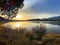 Lakeside morning sunrise sunny reflection mountain lake shore hiking trail adventure