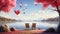 A lakeside picnic scene with heart balloons, where a couple enjoys a romantic Valentine\\\'s Day getaway