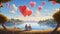 A lakeside picnic scene with heart balloons, where a couple enjoys a romantic Valentine\\\'s Day getaway