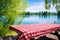 lakeside picnic table with a red checkered cloth