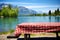 lakeside picnic table with a red checkered cloth