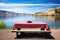 lakeside picnic table with a red checkered cloth