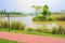 Lakeside red path in sunny spring