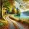 Lakeside Tranquility: Winding Gravel Path with Fallen Leaves, landscape background, painting