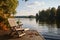 Lakeside tranquility Wooden pier with lounge chair amid the forest