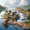 a lakeside village, capturing the daily life along the water\\\'s edge. Generative Ai