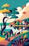 a lakeside village, capturing the daily life along the water\\\'s edge. Illustration, Generative Ai