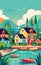 Lakeside village with charming houses and boats. Illustration