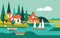 Lakeside village with charming houses and boats. Illustration