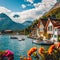 Lakeside village with charming houses and boats. landscape background, nature background