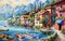 Lakeside village with charming houses and boats., painting