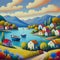 Lakeside village with charming houses and boats., painting