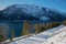 Lakeside walkway along Achensee in winter, view to Seebergspitze mountain