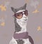 Lama on the autumn background in sunglasses and scarf