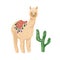 Lama cacti cartoon alpaca mexico Peru desert vector. Color illustration