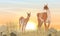 The lama guanaco and her cub stand in the tall dry grass against the setting sun. Lama guanicoe. Wild animals of South America