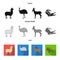 Lama, ostrich emu, young antelope, animal crocodile. Wild animal, bird, reptile set collection icons in black, flat