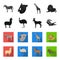 Lama, ostrich emu, young antelope, animal crocodile. Wild animal, bird, reptile set collection icons in black,flet style