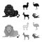 Lama, ostrich emu, young antelope, animal crocodile. Wild animal, bird, reptile set collection icons in black,monochrom