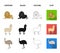 Lama, ostrich emu, young antelope, animal crocodile. Wild animal, bird, reptile set collection icons in cartoon,black