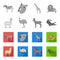 Lama, ostrich emu, young antelope, animal crocodile. Wild animal, bird, reptile set collection icons in monochrome,flat