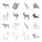 Lama, ostrich emu, young antelope, animal crocodile. Wild animal, bird, reptile set collection icons in outline