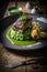 Lamb belly peas with herb crusted roast potato puree. Illustration AI Generative